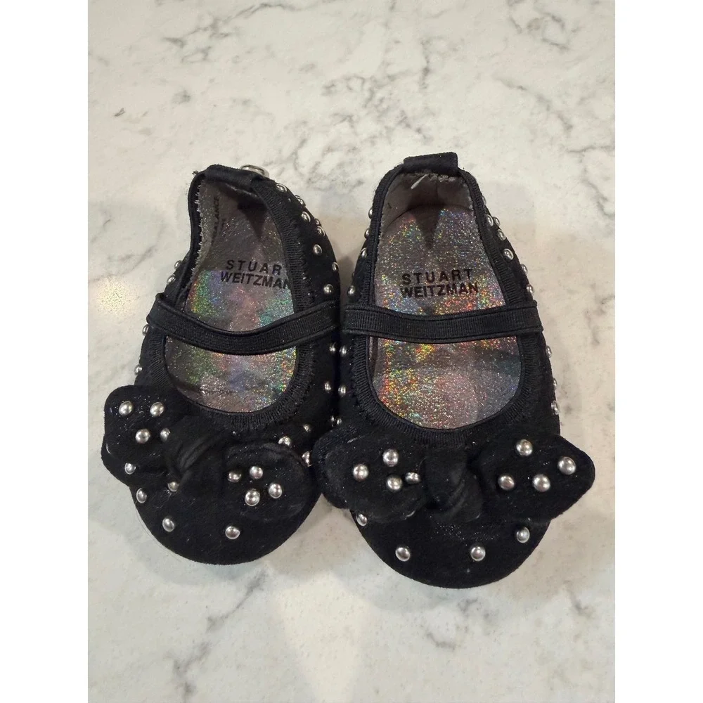 Stuart Weitzman Charlotte Black Studded Bow Baby Mary Jane Ballet Flats Size 1